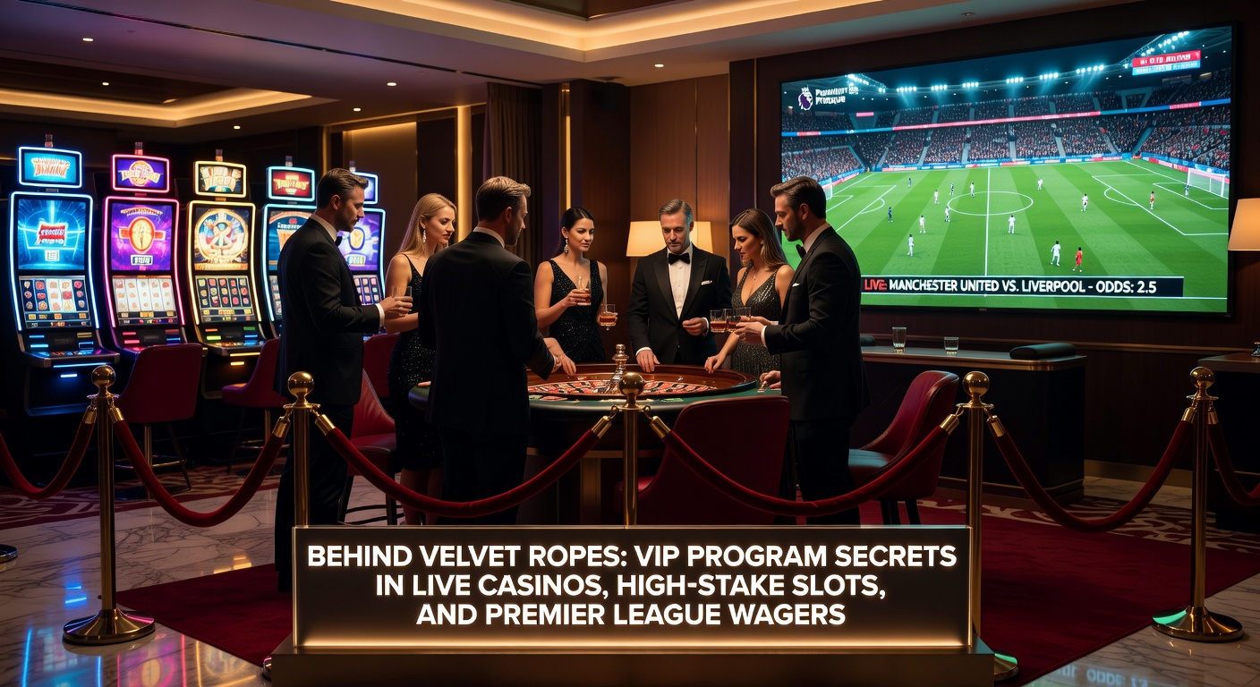 Ein eleganter VIP-Bereich in einem Live-Casino mit High-Stakes-Spielern an Slots und Tischen, Premier-League-Wetten im Hintergrund