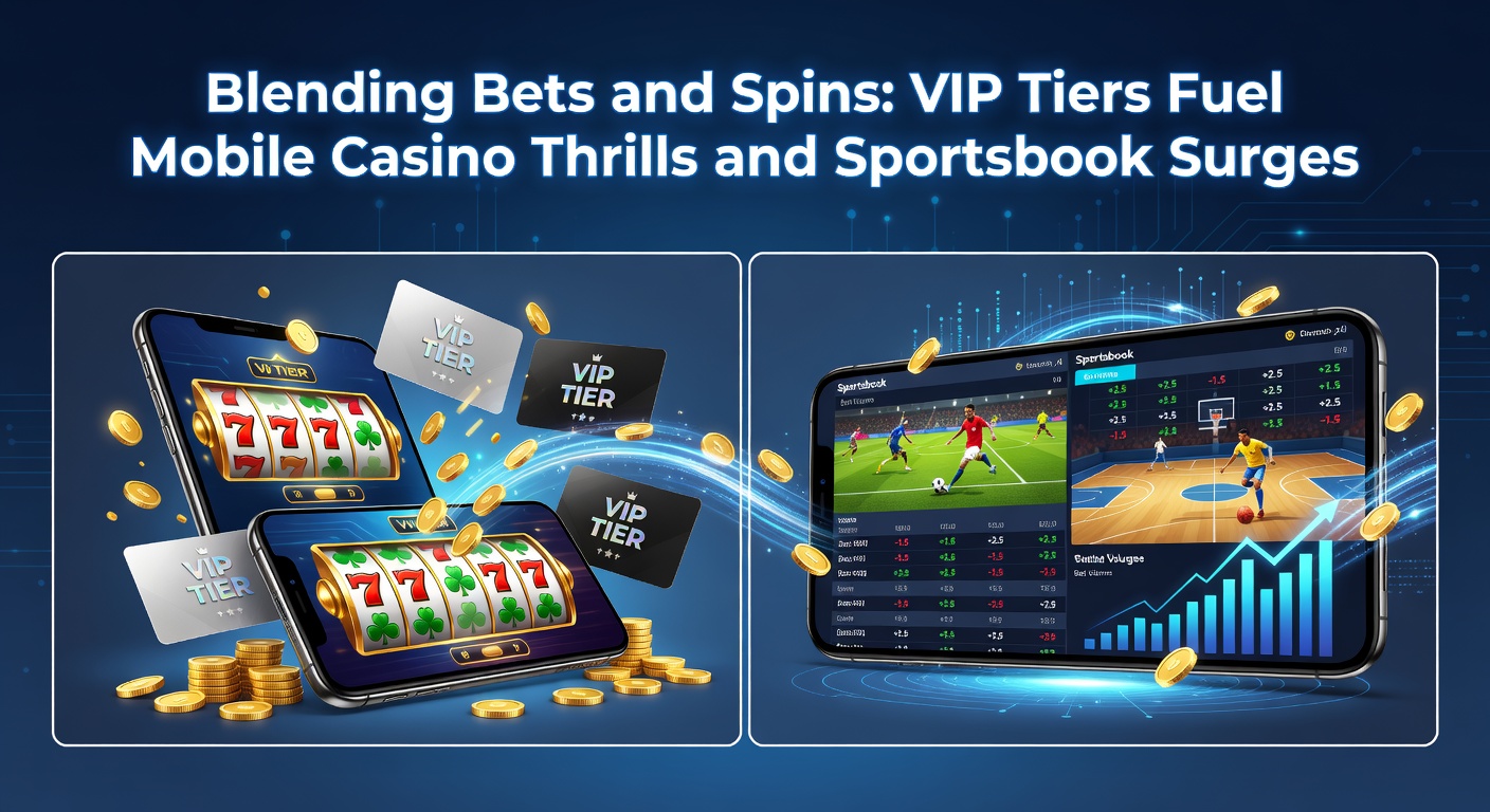 Smartphone mit VIP-Casino-App, die Sportwetten und Slot-Spiele integriert, umgeben von aufsteigenden Grafiken für Wetten und Drehungen