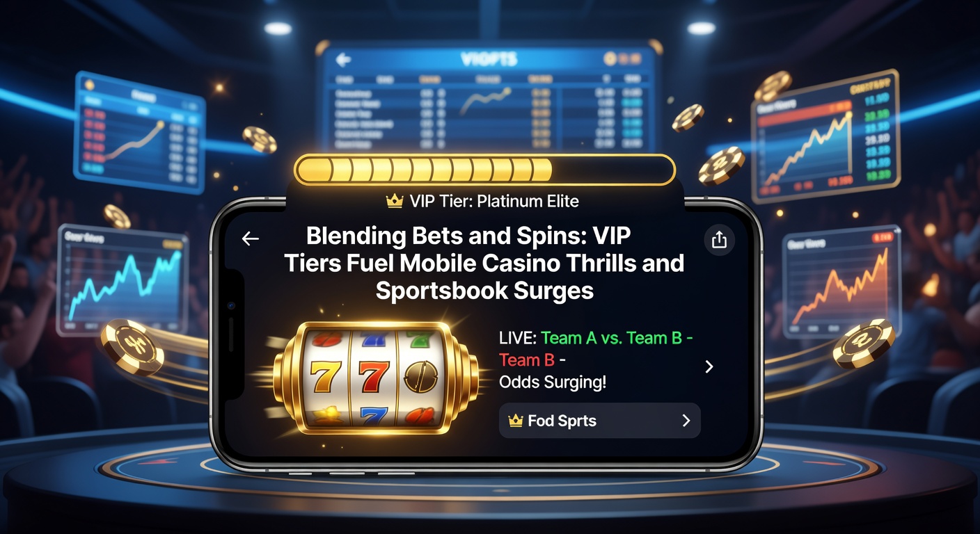 Grafik mit VIP-Stufen-Leiter, die Sportwetten-Icons und Slot-Symbole verbindet, mit steigenden Balken für Mobile-Nutzung und Einnahmen