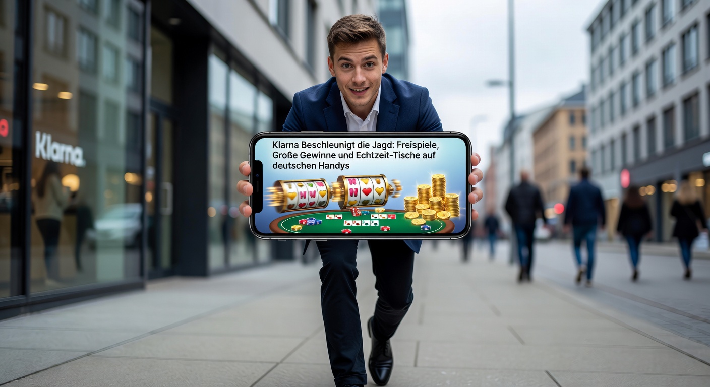 Smartphone mit Klarna-App und Casino-Slots im Vordergrund, das schnelle Zahlungen und spannende Spiele zeigt