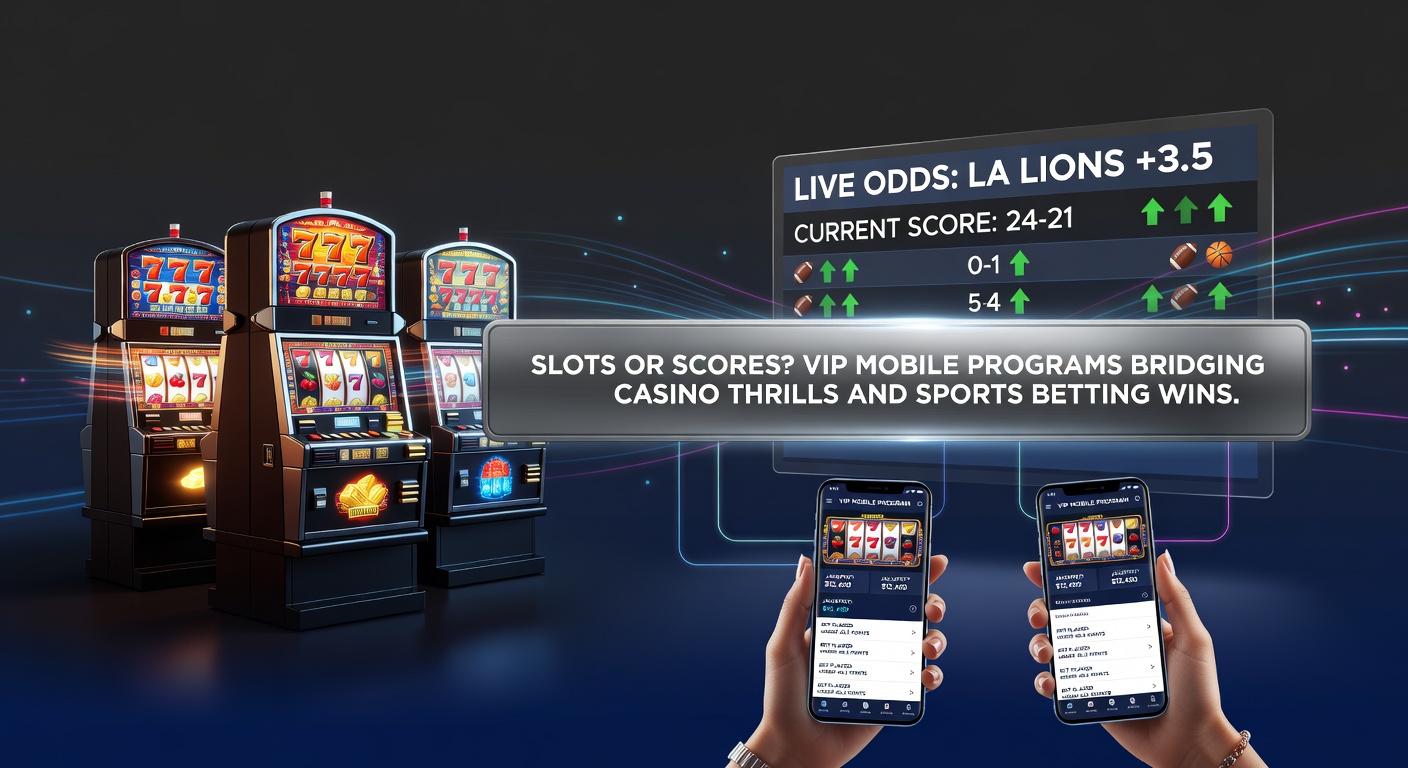 Smartphone mit VIP-App, die Slots-Rollen und Sportwetten-Quoten zeigt, umgeben von goldenen VIP-Symbolen