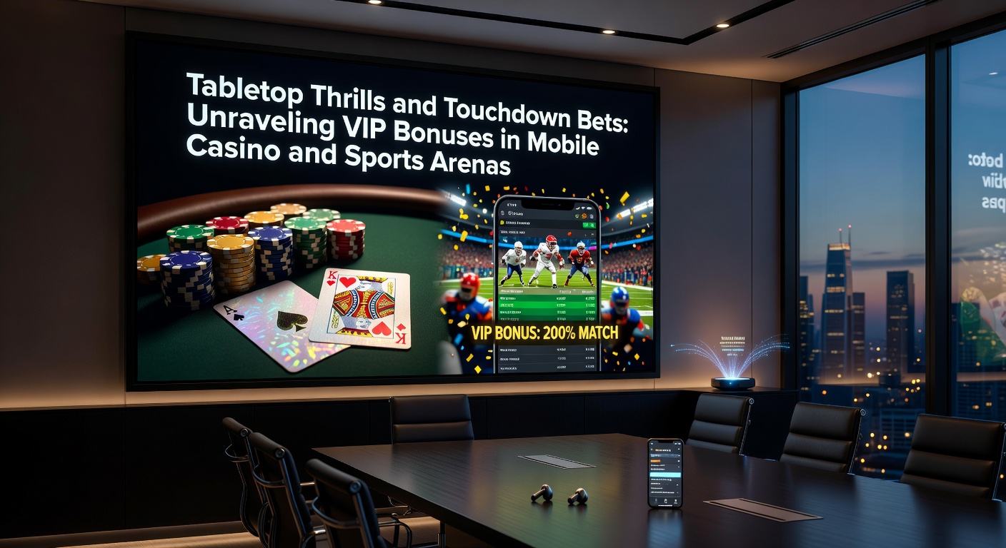 Smartphone mit laufendem Mobile-Casino-App, die VIP-Boni für Tischspiele und Sportwetten anzeigt, umgeben von grafischen Elementen wie Roulettekreisel und Football-Bällen