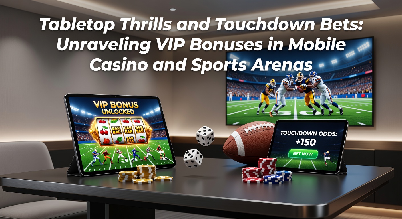 Dynamisches Grafik-Design mit VIP-Stufenleiter, die Tischspiele, Sportwetten und Boni-Symbole verbindet, auf einem Tablet-Display im Freien