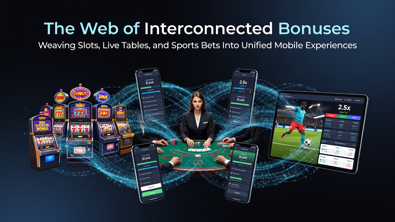 Mobile App mit vernetzten Bonusangeboten für Slots, Live-Tische und Sportwetten