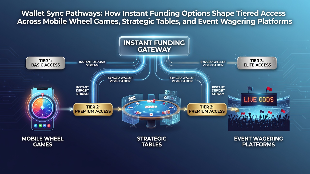 Illustration der Wallet-Synchronisation mit Fokus auf mobile Wheel-Spiele und Instant-Funding-Optionen